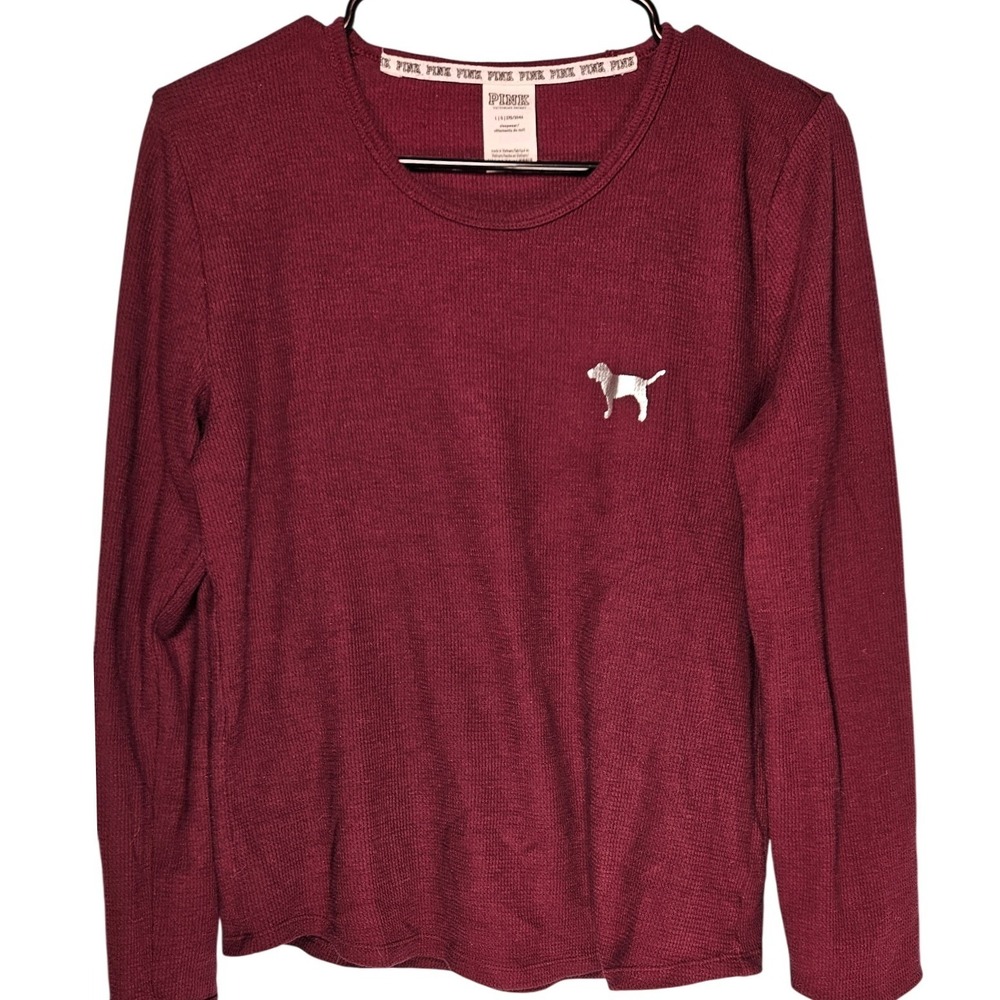 Victoria's Secret Waffle‎ Knit Thermal Long Sleeve Burgundy Top Dog Logo Large